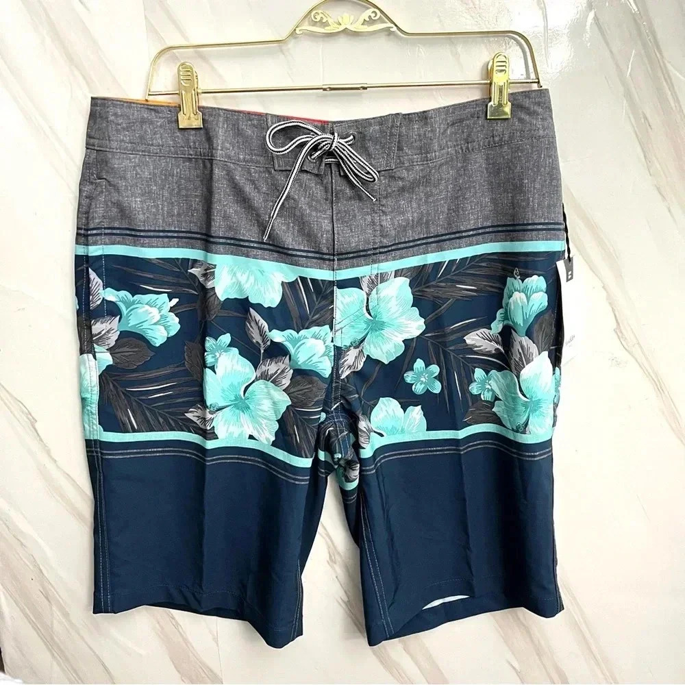 Board Shorts Swim Size 32 Navy Gray Teal Hawaiian Floral 10" Inseam